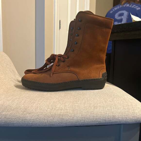 Tod\'s Brown Suede Lace-Up Ankle Boots with Pebble Rubber Sole, Size 40.5